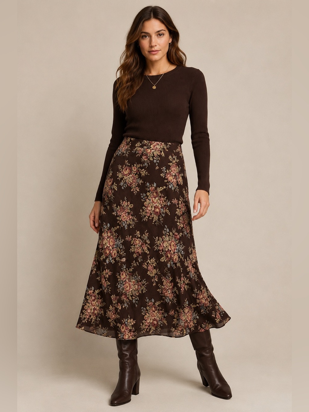 Vintage 90s Lauren Ralph Lauren 82% Wool Floral Midi Skirt Brown Lined 14 TEAR - Picture 2 of 13